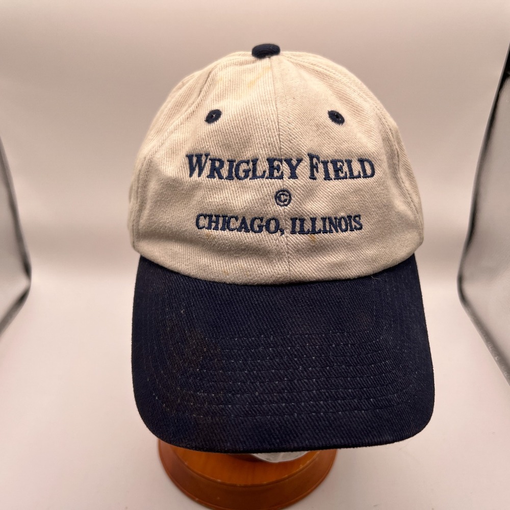 Vintage Nissun Wrigley Field Chicago Illinois Hat Tan Navy Blue Strapback Cap